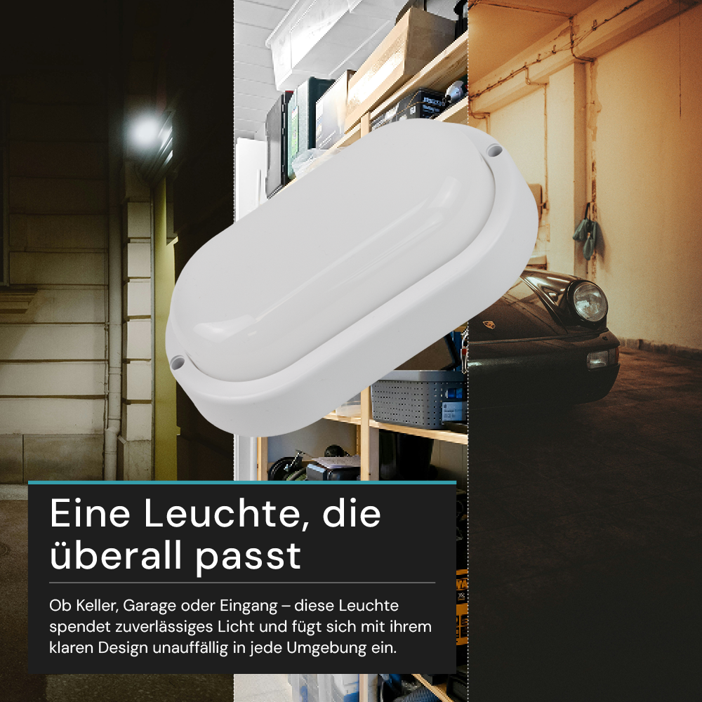 Kellerlampe in Weiß, Ovalleuchte, 12 W, 1080 lm, Lichtfarbe einstellbar (CCT), IP54-wassergeschützt, Kabelverbinder, Wandleuchte Innen und Außen, Feuchtraumleuchte