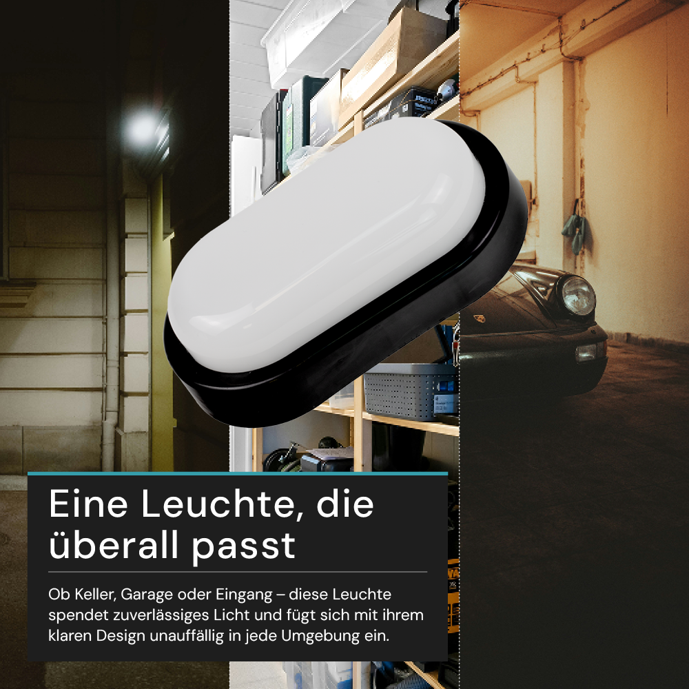 Kellerlampe in Schwarz, Ovalleuchte, 12 W, 1080 lm, Lichtfarbe einstellbar (CCT), IP54-wassergeschützt, Kabelverbinder, Wandleuchte Innen und Außen, Feuchtraumleuchte