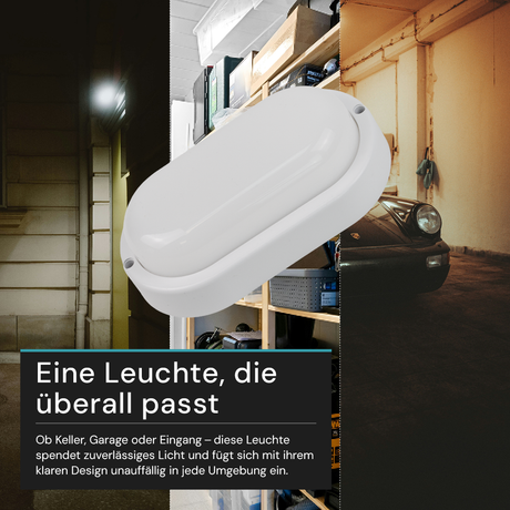Kellerlampe in Weiß, Ovalleuchte, 12 W, 1080 lm, Lichtfarbe einstellbar (CCT), IP54-wassergeschützt, Kabelverbinder, Wandleuchte Innen und Außen, Feuchtraumleuchte