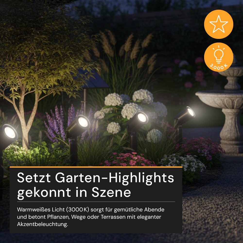 Gartenspots, IP54, 3000 K (warmweiß), 200 lm, LifePo4 Akku, monokristallines 5 W Solarpanel, flexible Montage, mit Erdspieß