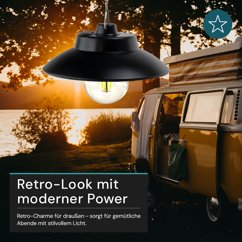 LED Hängeleuchte mit Solar & USB-C Ladung, 200 lm, 3000 K (warmweiß), Dimmbar, IP54 Wetterfest, Retro Hängelampe für Garten, Terrasse, Balkon, Campingleuchte