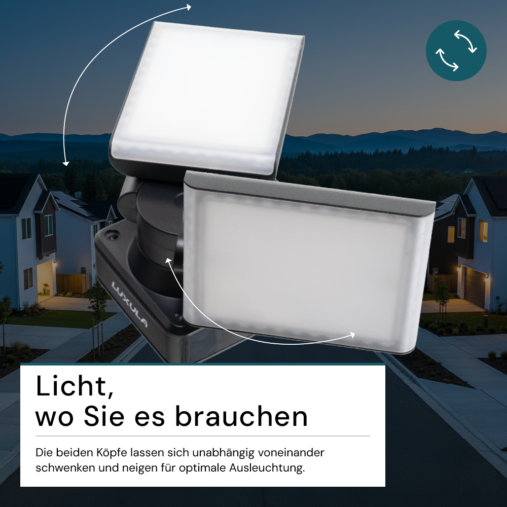 Schwenkbarer LED Fluter, 2-köpfig, 2x 15 W, 3200 lm, 4000 K (neutralweiß), IP54, flexibler Strahler, Aluminiumguss, Wandleuchte