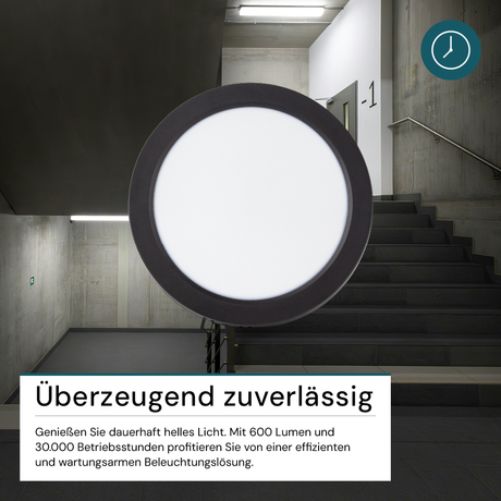LED Aufbauleuchte in Schwarz, 6W, 230 V, IP44-geschützt, 600 lm, Lichtfarbe einstellbar, Ø109x28 mm, Deckenleuchte mit Diffusor, Badezimmerlampe