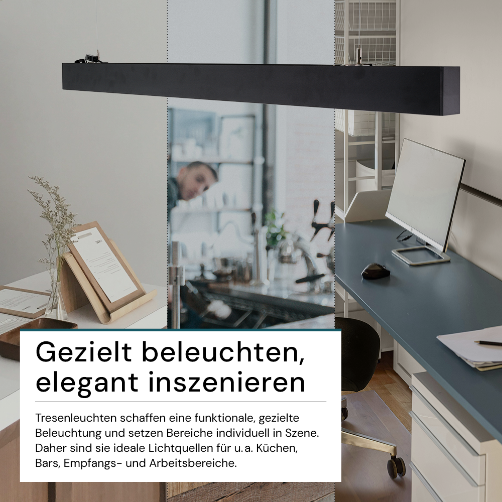 LED Büro-/Tresenleuchte Up&Down, schwarz, 120 cm, 30 W, 3600 lm, UGR<19, 3000-6500 K (CCT), LIFUD Netzteil, erweiterbar, Aluminium