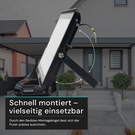 LED CCT Fluter, 200 W, 3000-6500 K (warm-, neutral-, kaltweiß), 20000 lm, schwarz, IP65.