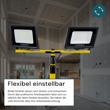 LED Baustrahler mit Teleskop-Stativ, 2x 30 W, 4000 K (neutralweiß), 6000 lm, IP65, Schutzkontaktstecker, Ein/Aus-Schalter