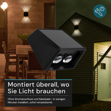 Solar LED Wandleuchte Außen, Up/Down, 2-flammig, 3 Lichtfarben einstellbar (CCT), IP54-wasserdicht, mit Akku, lange Leuchtdauer, Gartenleuchte