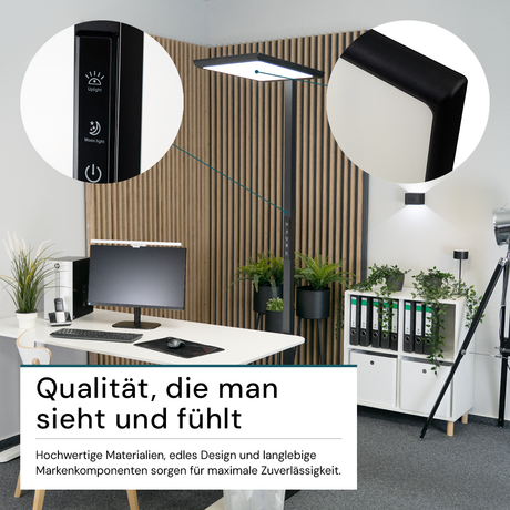 LED Büro-Stehleuchte, Up/Down, in Schwarz, 100 W, 7000 lm, 4000 K (neutralweiß), UGR<16, CRI98, dimmbar, RG0, Bridgelux LED, Arbeitsplatzleuchte