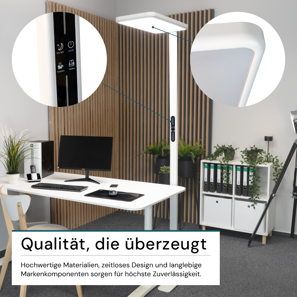 LED Büro-Stehleuchte, Up/Down, in Weiß, 100 W, 7000 lm, 4000 K (neutralweiß), UGR<16, CRI98, dimmbar, RG0, Bridgelux LED, Arbeitsplatzleuchte