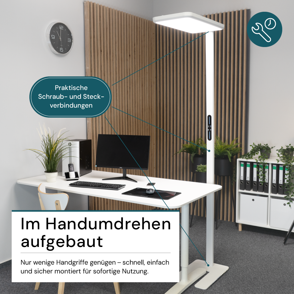 LED Büro-Stehleuchte, Up/Down, in Weiß, 100 W, 7000 lm, 4000 K (neutralweiß), UGR<16, CRI98, dimmbar, RG0, Bridgelux LED, Arbeitsplatzleuchte