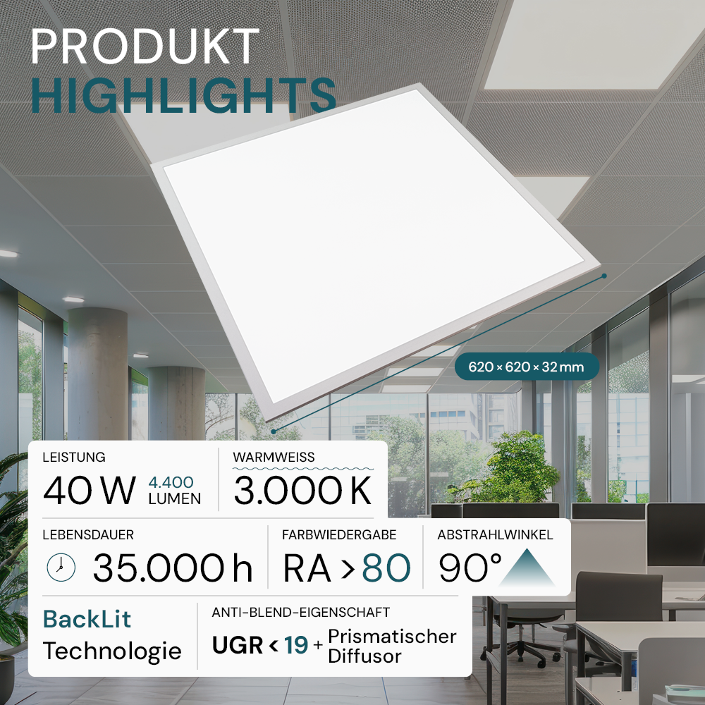 LED BackLit Panel UGR<19, 62x62, 40W, 4400 lm, 3000K, 90°