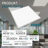 LED BackLit Panel UGR<19, 62x62, 40W, 4400 lm, 4000K, 90°