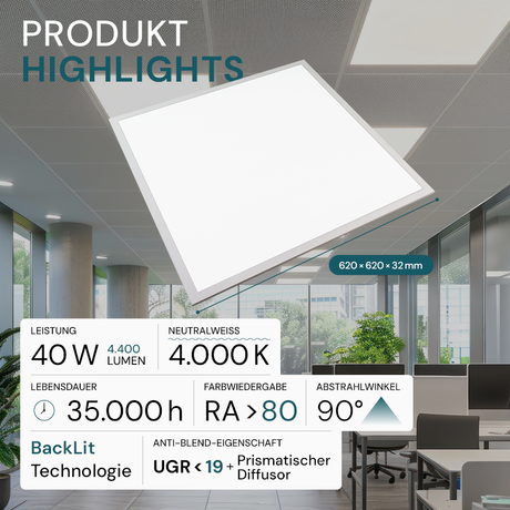 LED BackLit Panel UGR<19, 62x62, 40W, 4400 lm, 4000K, 90°