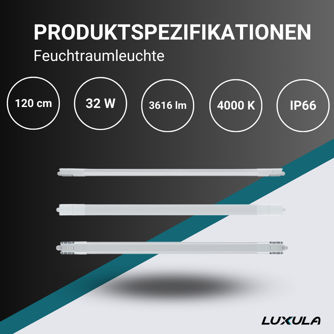 5er Pack LED Feuchtraumleuchte, 120 cm, 32 W, 3616 lm, 4000 K (neutralweiß), IP66, durchschleifbar, Fast Connector