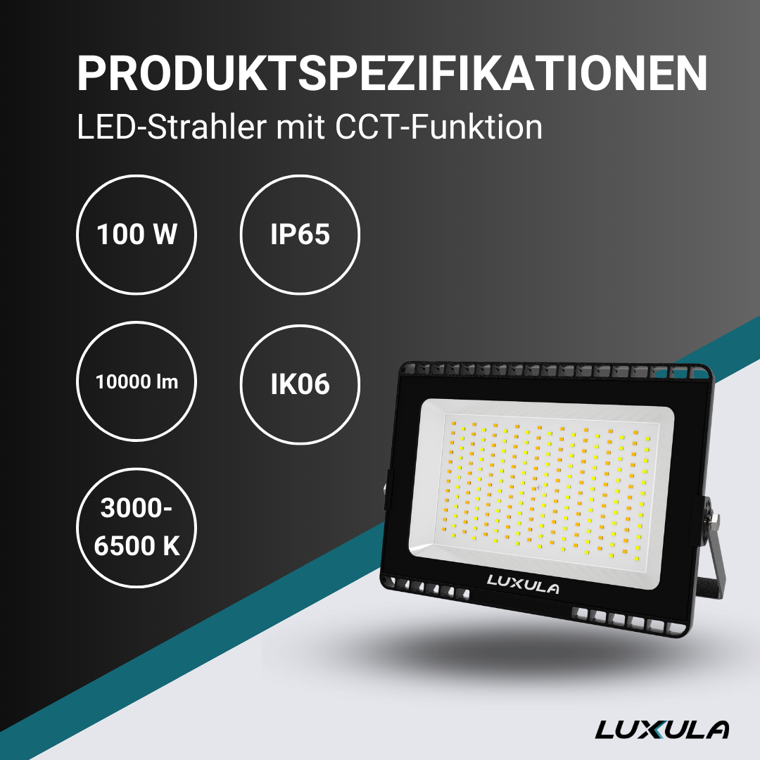LED CCT Fluter, 100 W, 3000-6500 K (warm-, neutral-, kaltweiß), 10000 lm, schwarz, IP65