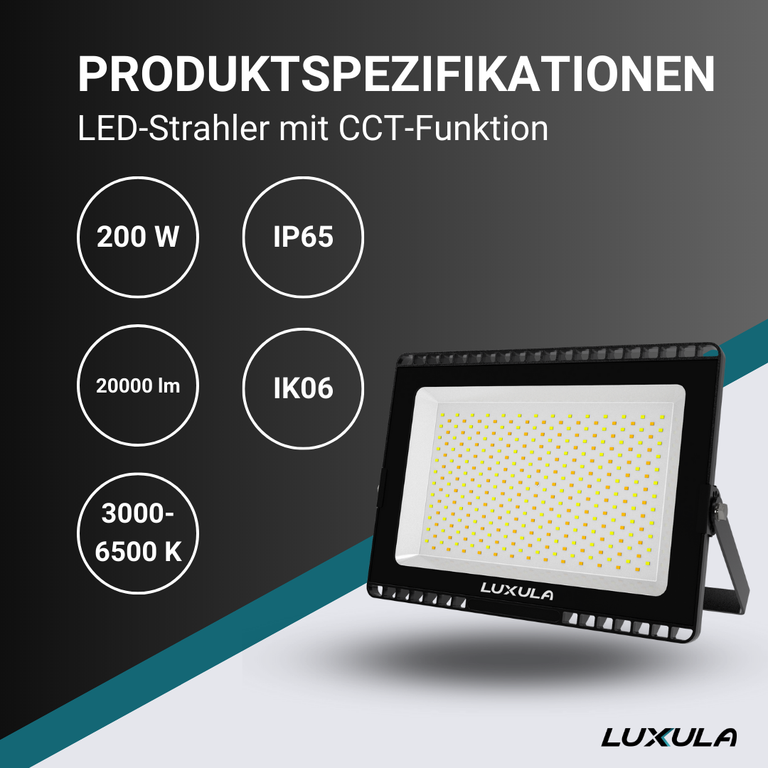 LED CCT Fluter, 200 W, 3000-6500 K (warm-, neutral-, kaltweiß), 20000 lm, schwarz, IP65