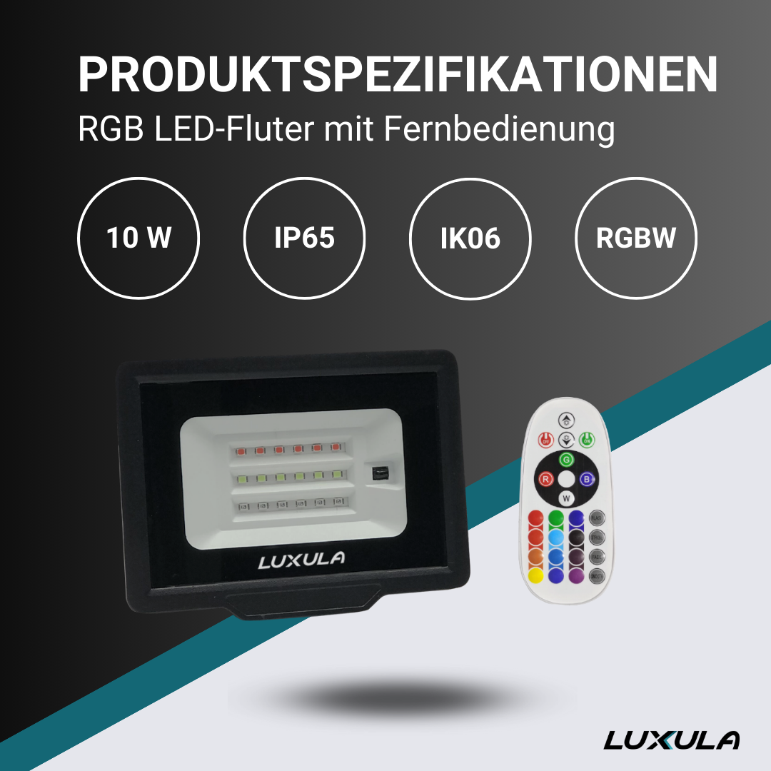 RGB LED-Fluter, 10 W, schwarz, IP65, mit Fernbedienung, RGBW-Farbwechsel