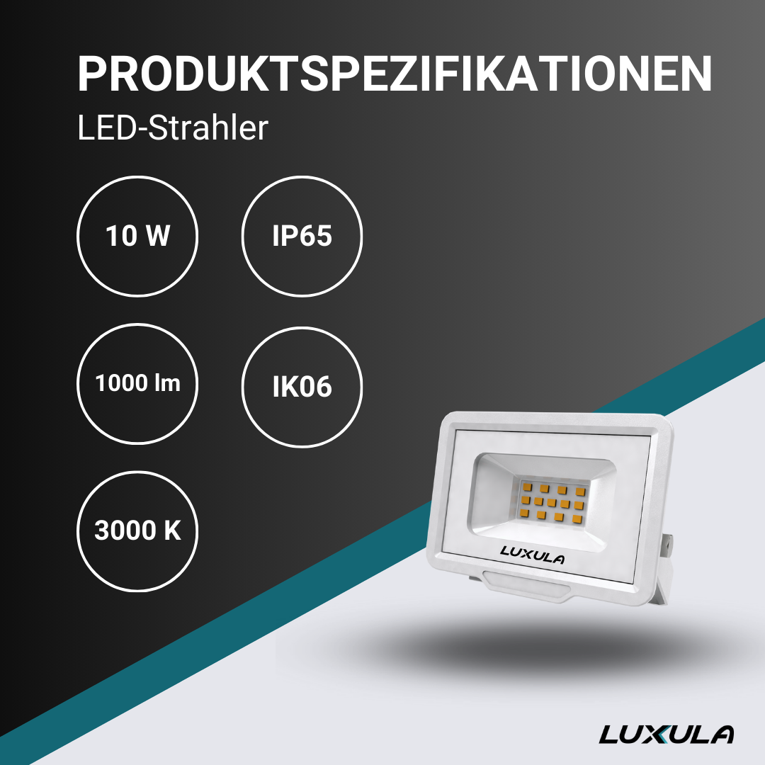 LED-Fluter, 10 W, 3000 K (warmweiß), 1000 lm, weiß, IP65, TÜV-geprüft