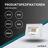 LED-Fluter, 20 W, 3000 K (warmweiß), 2000 lm, weiß, IP65, TÜV-geprüft