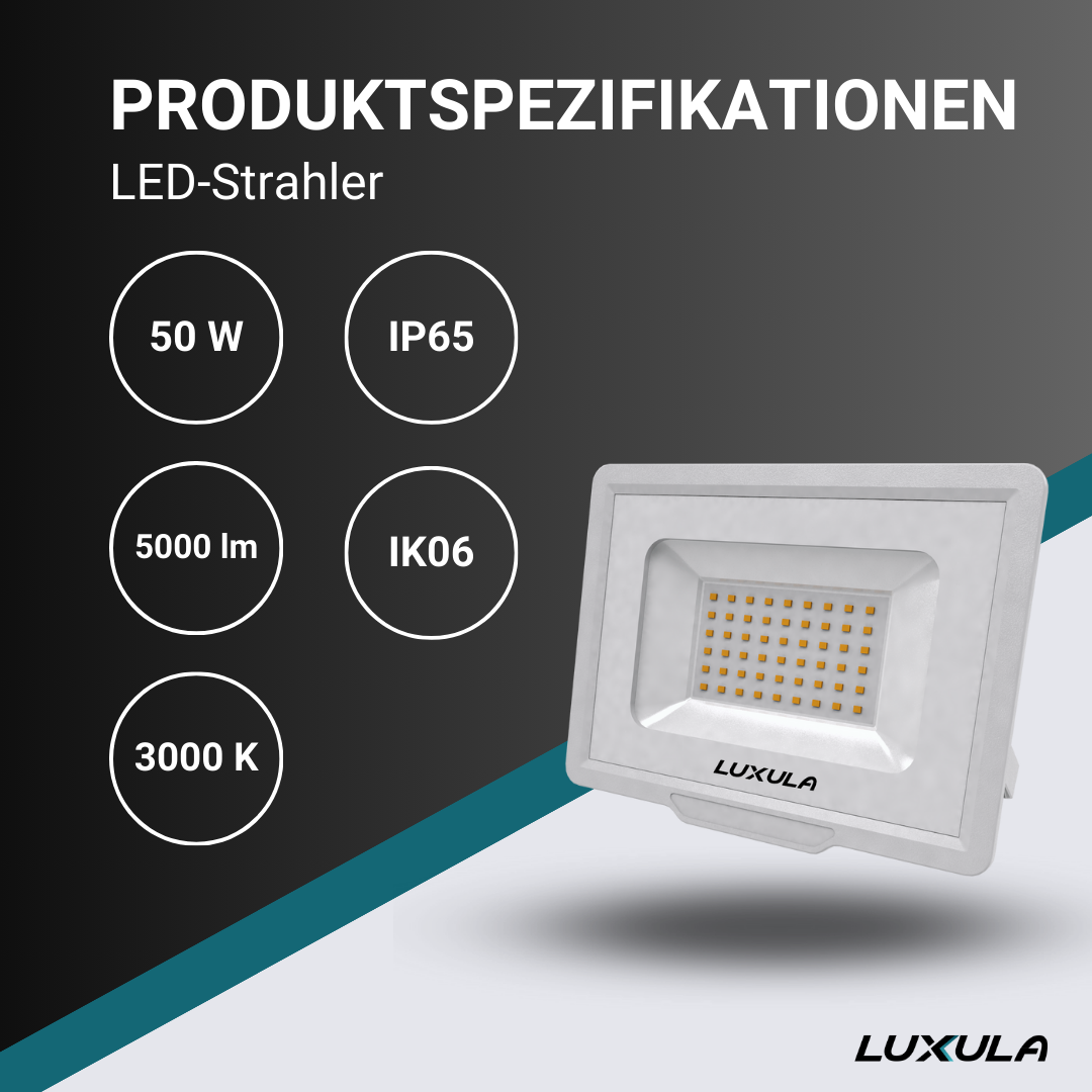LED-Fluter, 50 W, 3000 K (warmweiß), 5000 lm, weiß, IP65, TÜV-geprüft