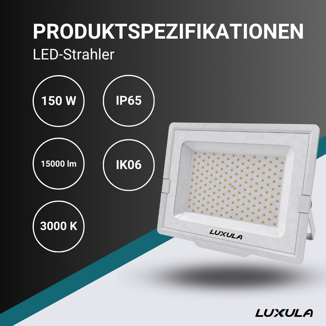 LED-Fluter, 150 W, 3000 K (warmweiß), 15000 lm, weiß, IP65, TÜV-geprüft