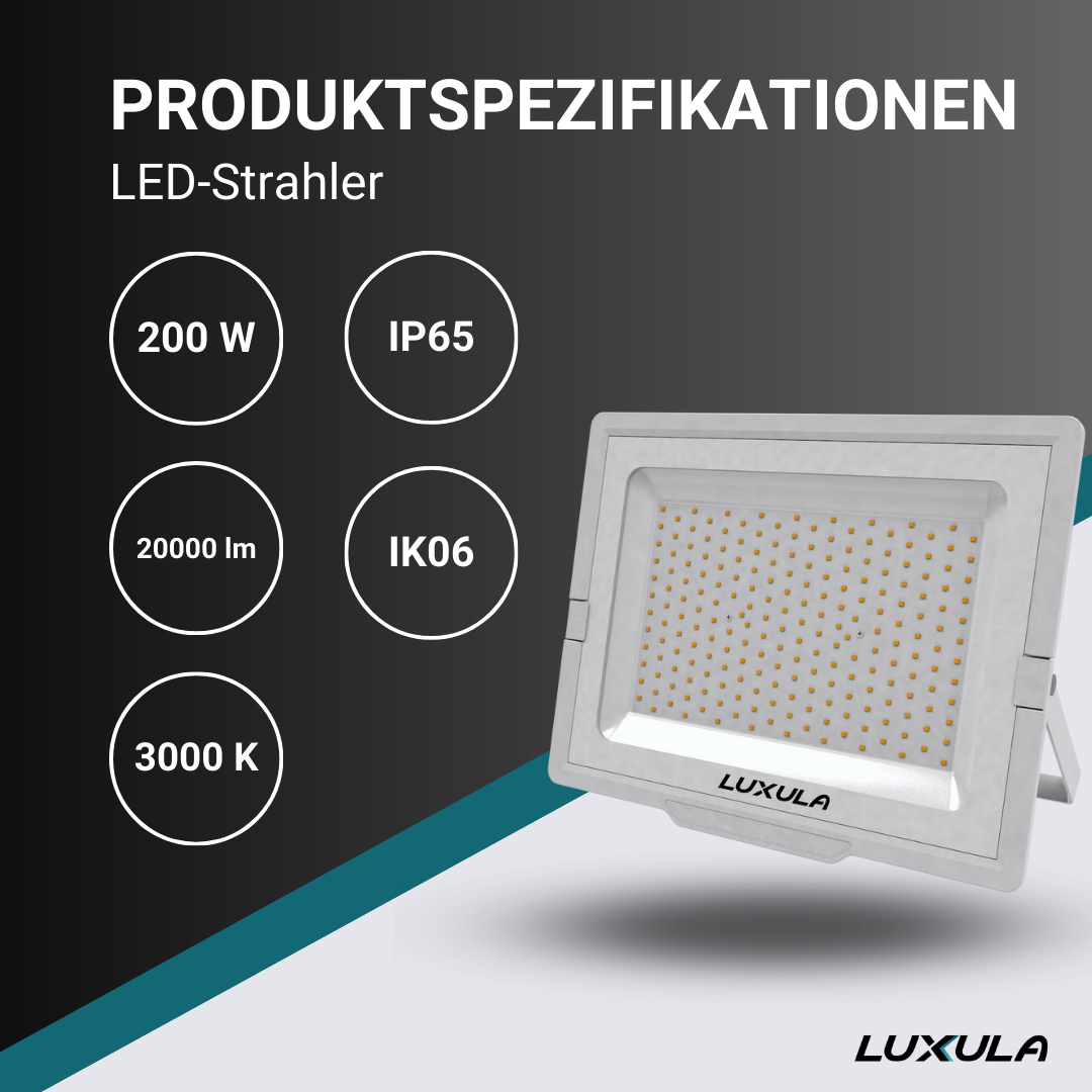 LED-Fluter, 200 W, 3000 K (warmweiß), 20000 lm, weiß, IP65, TÜV-geprüft
