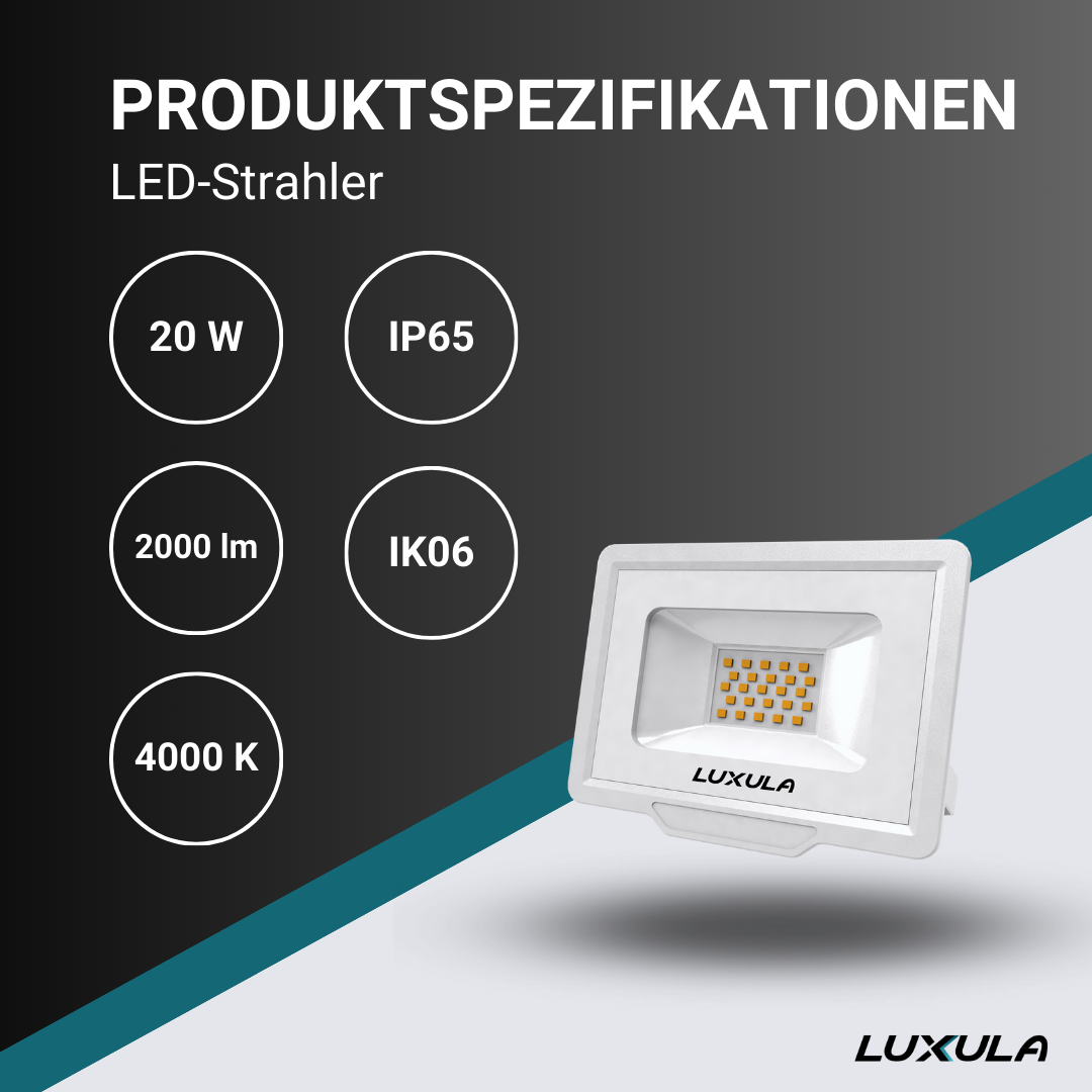 LED-Fluter, 20 W, 4000 K (neutralweiß), 2000 lm, weiß, IP65, TÜV-geprüft