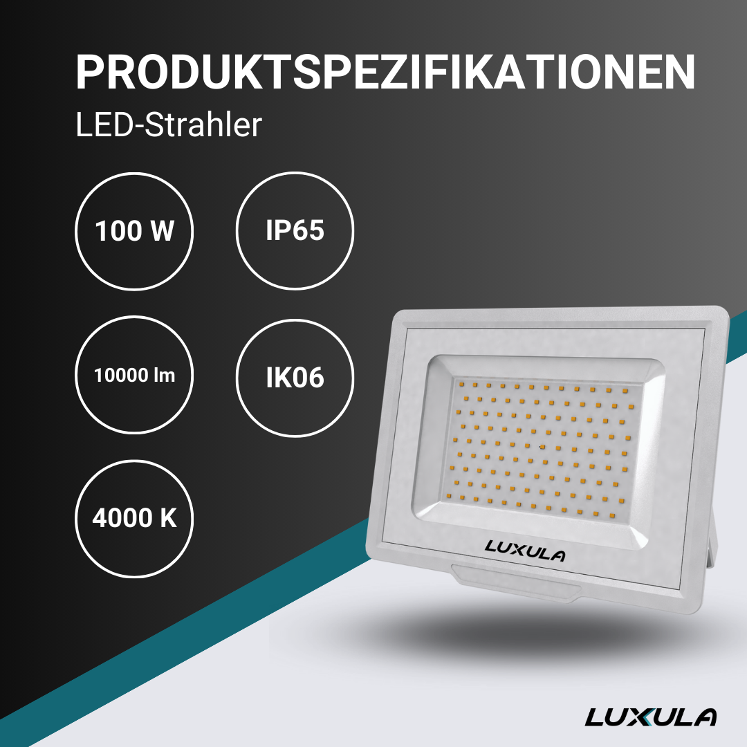 LED-Fluter, 100 W, 4000 K (neutralweiß), 10000 lm, weiß, IP65, TÜV-geprüft