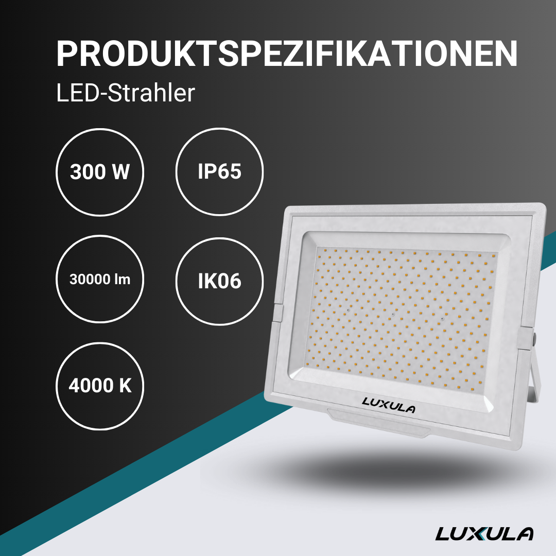 LED-Fluter, 300 W, 4000 K (neutralweiß), 30000 lm, weiß, IP65, TÜV-geprüft