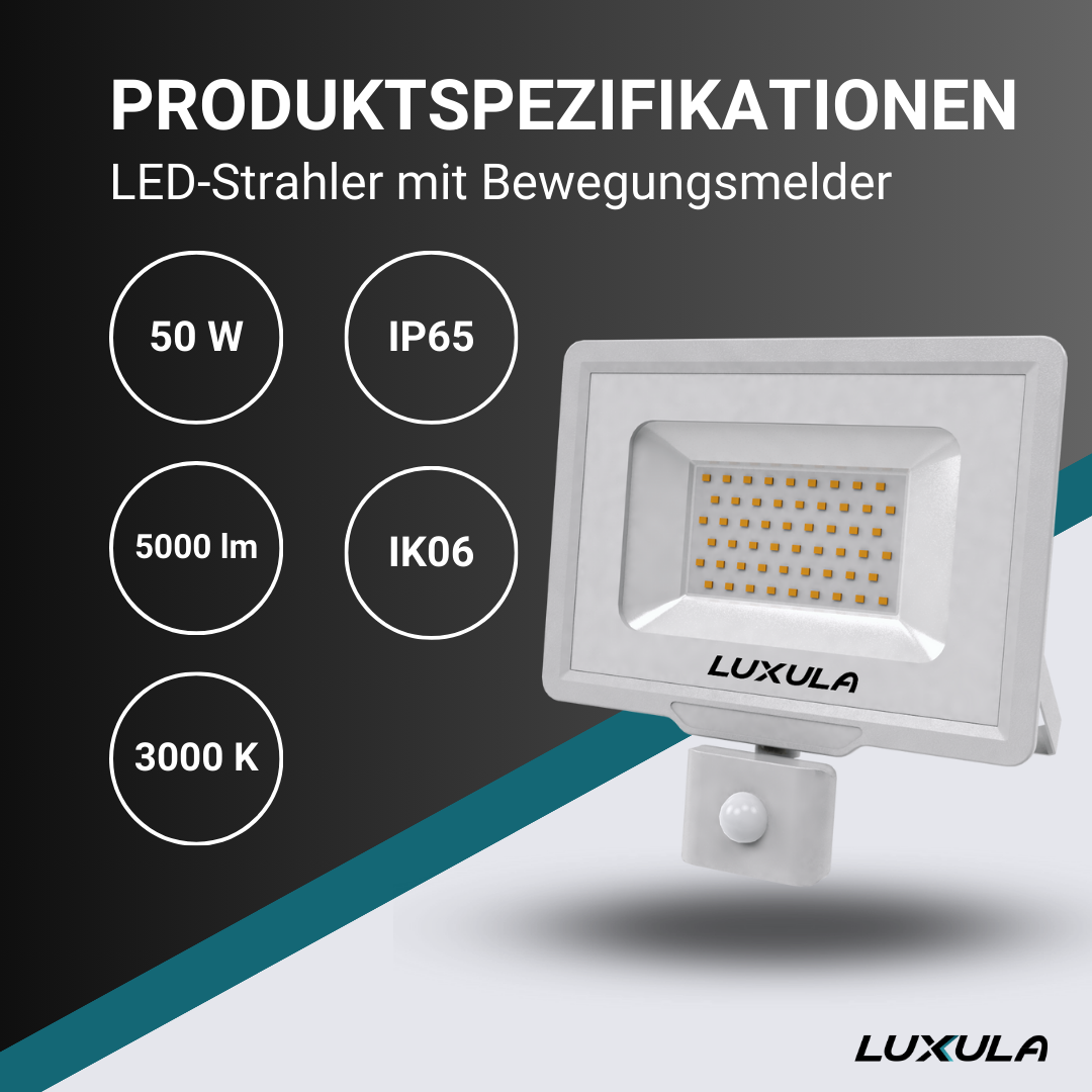 LED-Fluter mit Bewegungsmelder, 50 W, 3000 K (warmweiß), 5000 lm, weiß, IP65, TÜV-geprüft