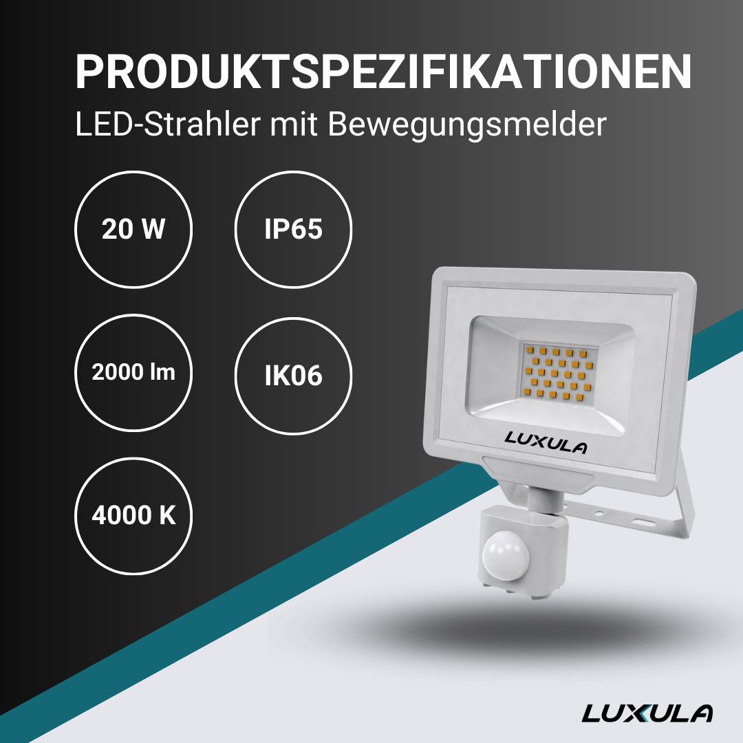LED-Fluter mit Bewegungsmelder, 20 W, 4000 K (neutralweiß), 2000 lm, weiß, IP65, TÜV-geprüft
