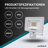 LED-Fluter mit Bewegungsmelder, 30 W, 4000 K (neutralweiß), 3000 lm, weiß, IP65, TÜV-geprüft