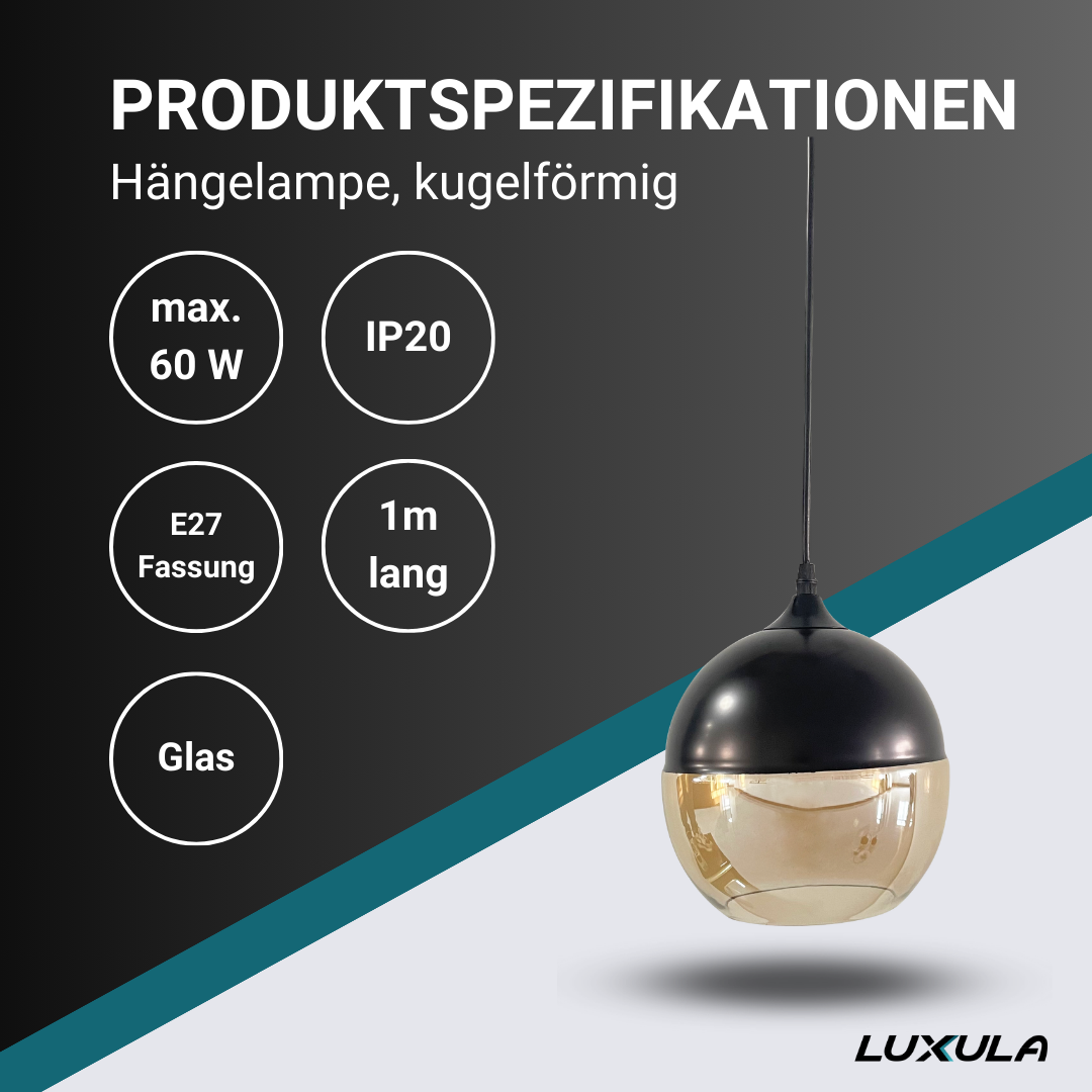 LED-Hängelampe in schwarz, kugelförmig, aus Glas, E27-Fassung, IP20, Ø20 cm