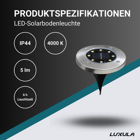 6er-Pack Solar Bodenleuchte, 6 Stunden Leuchtdauer, 4000 K (neutralweiß), IP44-Wasserdicht, Edelstahl.