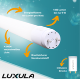 2er-Pack LED T8 Röhre, 60 cm, 160 lm/W, 9 W, 1400 lm, 4000 K (neutralweiß), mit Brücke, hohe Energieeffizienz