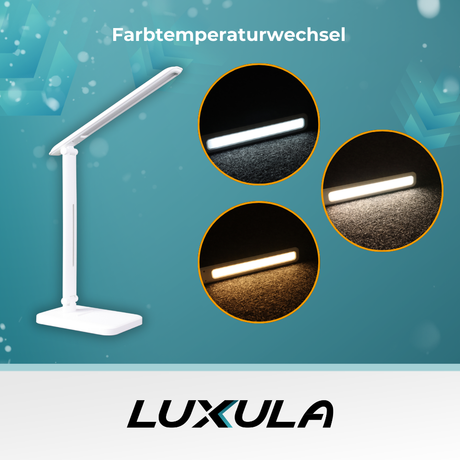 LED-Tischlampe, weiß, mit Dimm- und CCT-Funktion, 5 W Leistung.