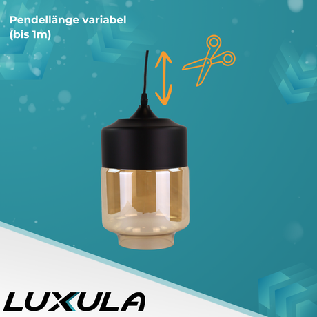 Elegante Pendelleuchte in schwarz, rundlich, aus Glas, E27-Fassung, IP20, Ø18 cm.