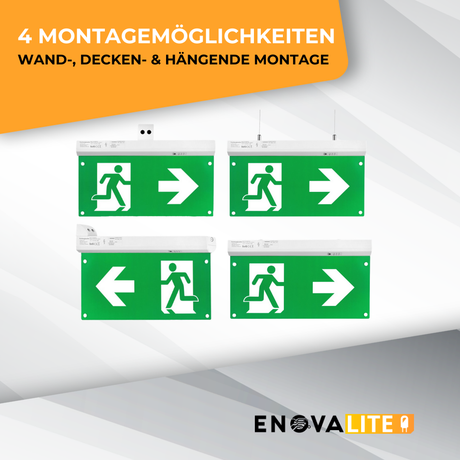 LED-Fluchtwegleuchte 4in1 mit Fernbedienung, Notausgang mit Notstromeinheit, TEST-Funktion, Decken- und Wandmontage.
