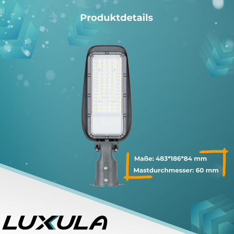 LED Straßenleuchte, 100 W, 3000 K (warmweiß), 10000 lm, grau, IP65, Wand- und Mastmontage.