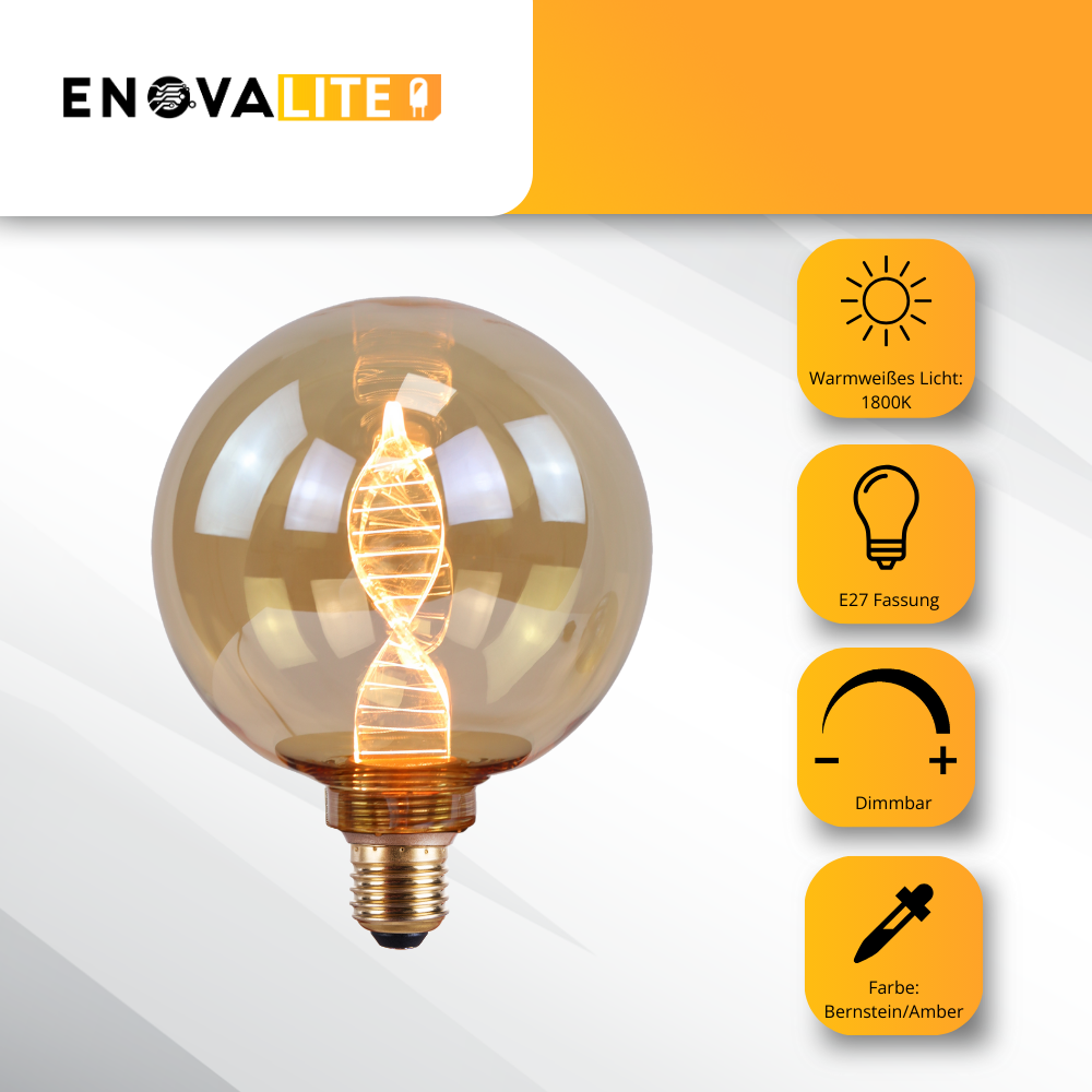 LED Filament Leuchtmittel, DNA, Amber, Globe G125, E27, 3.5W, 120lm, 1800K, dimmbar