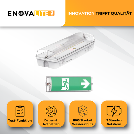 LED-Fluchtwegleuchte, Notausgang mit Notstromeinheit, TEST-Funktion, Wandmontage, IP65