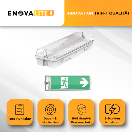 LED-Fluchtwegleuchte, mit Fernbedienung, 8 h Notlicht, Notausgang mit Notstromeinheit, TEST-Funktion, Wandmontage, IP65