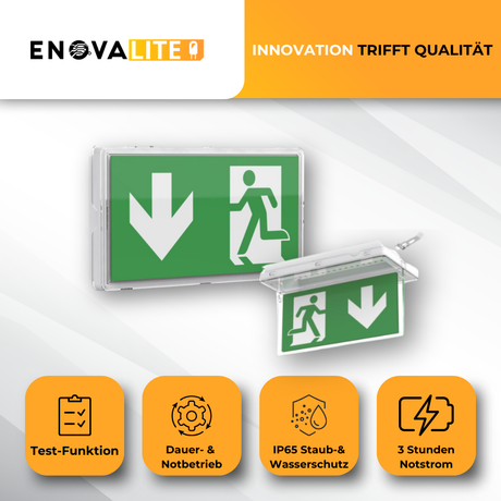 LED-Fluchtwegleuchte, Notausgang mit Notstromeinheit, TEST-Funktion, Wand- und Deckenmontage, Ein- und Aufbau, IP65