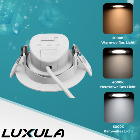 LED CCT Downlight schwenkbar, 7W, 718lm, 38°, IP44, 3000K-4000K-6000K einstellbar.