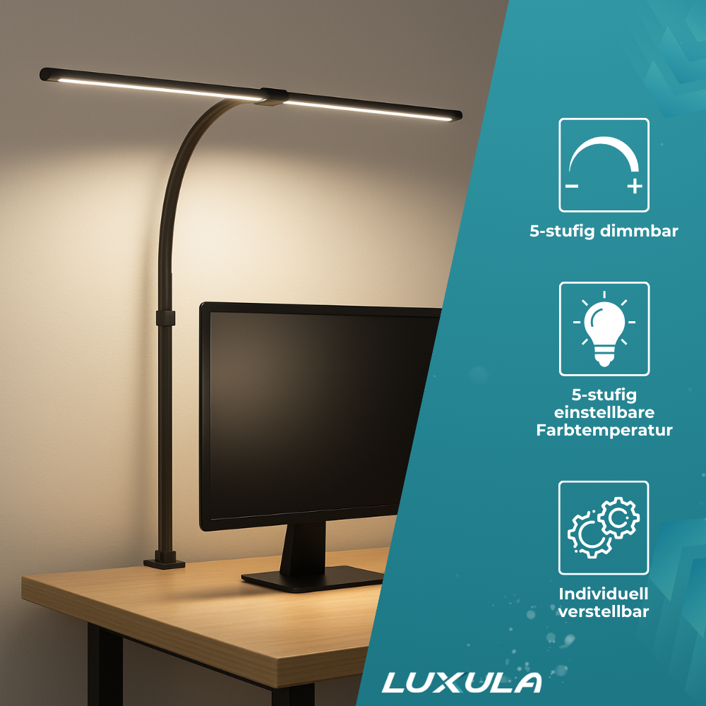 2er Pack LED-Schreibtischlampe, Doppelkopf, schwarz, dimmbar, 5 Farbtemperaturstufen, 24 W, 800 lm, klemm- und verstellbare Monitorlampe