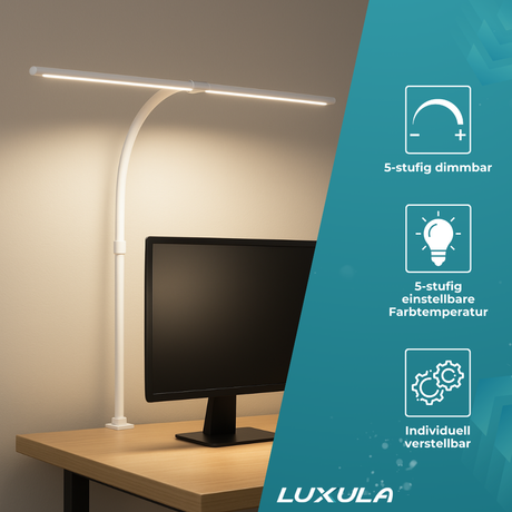 2er Pack LED-Schreibtischlampe, Doppelkopf, weiß, dimmbar, 5 Farbtemperaturstufen, 24 W, 800 lm, klemm- und verstellbare Monitorlampe