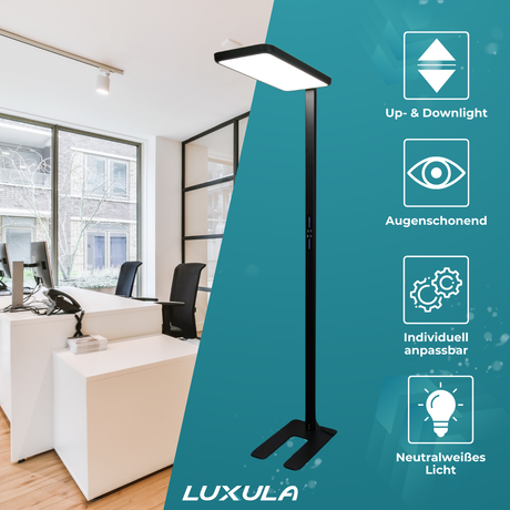 2er Pack LED Büro-Stehleuchte, Up/Down, schwarz, 100 W, 7000 lm, 4000 K (neutralweiß), UGR<16, CRI98, dimmbar, RG0, Bridgelux LED