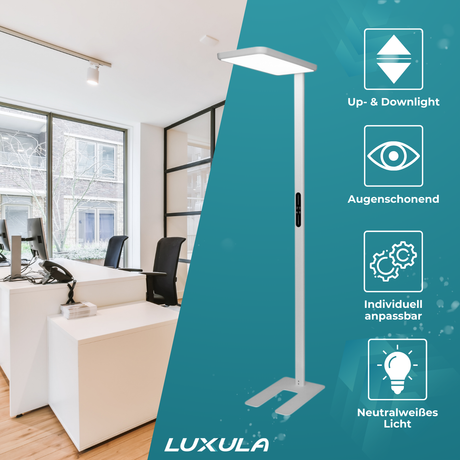 2er Pack LED Büro-Stehleuchte, Up/Down, weiß, 100 W, 7000 lm, 4000 K (neutralweiß), UGR<16, CRI98, dimmbar, RG0, Bridgelux LED, Arbeitsplatzleuchte