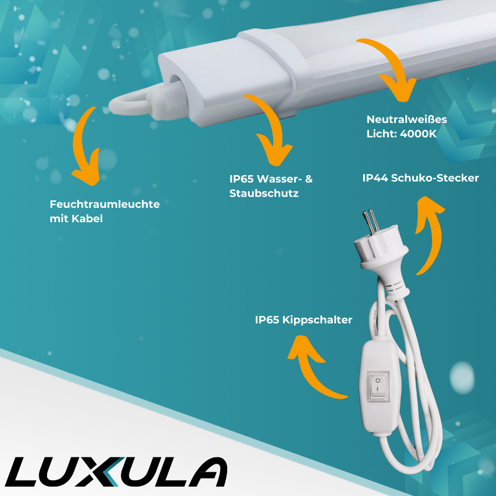 LED Feuchtraumleuchte, 22 W, 2000lm, 4000K, 900 mm, IP65, mit Schalter und IP44 Stecker