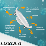 LED CCT Downlight, dimmbar, 6W, 525 lm, ø115x32mm, 3000-4000-6000K einstellbar, mit Diffusor, IP44, rund